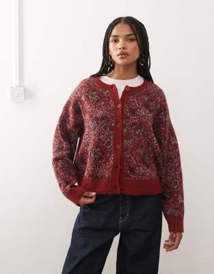 Reclaimed Vintage Knit Boxy Cardigan With Tapestry Print In Red