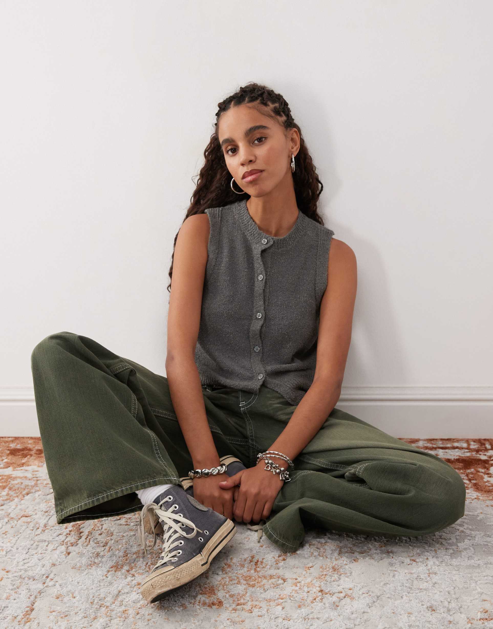 reclaimed vintage knit button up tank in gray