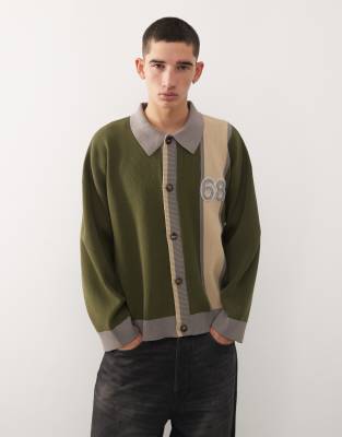 Reclaimed Vintage Knit Collared Cardigan With Collegiate Detailing In Green