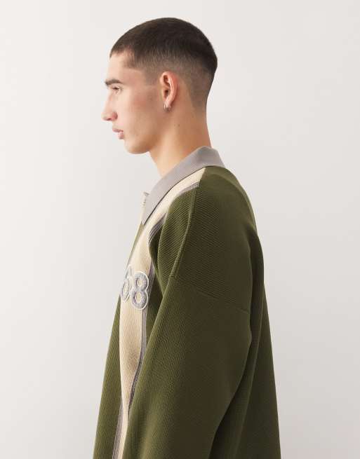 Reclaimed Vintage knit collared cardigan with collegiate detailing in forest green , 4 of 5