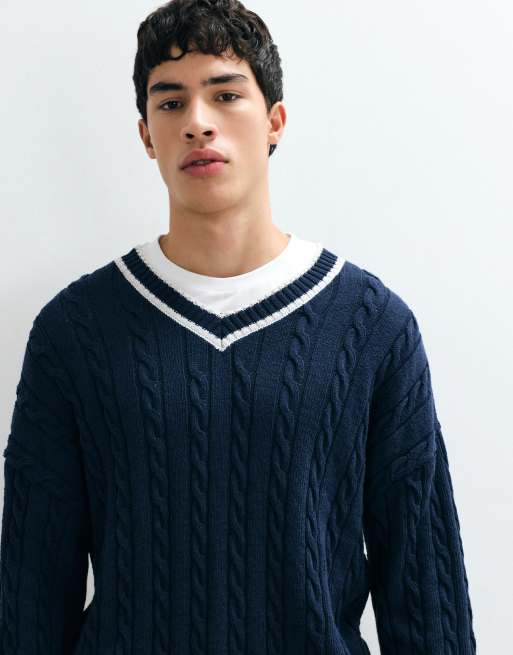 Reclaimed Vintage knit cotton blend V-neck sweater in navy, 2 of 10