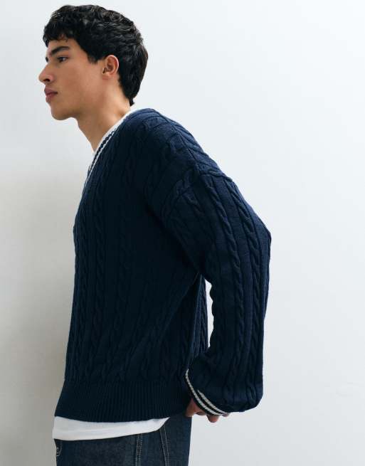 Reclaimed Vintage knit cotton blend V-neck sweater in navy, 5 of 10