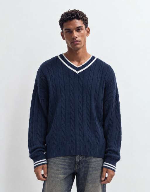 Reclaimed Vintage knit cotton blend V-neck sweater in navy, 6 of 10