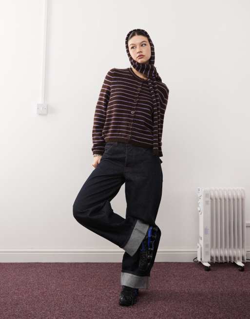 トップス vintage brown faded cardigan Reclaimed Vintage knit crew neck cardigan with scarf in