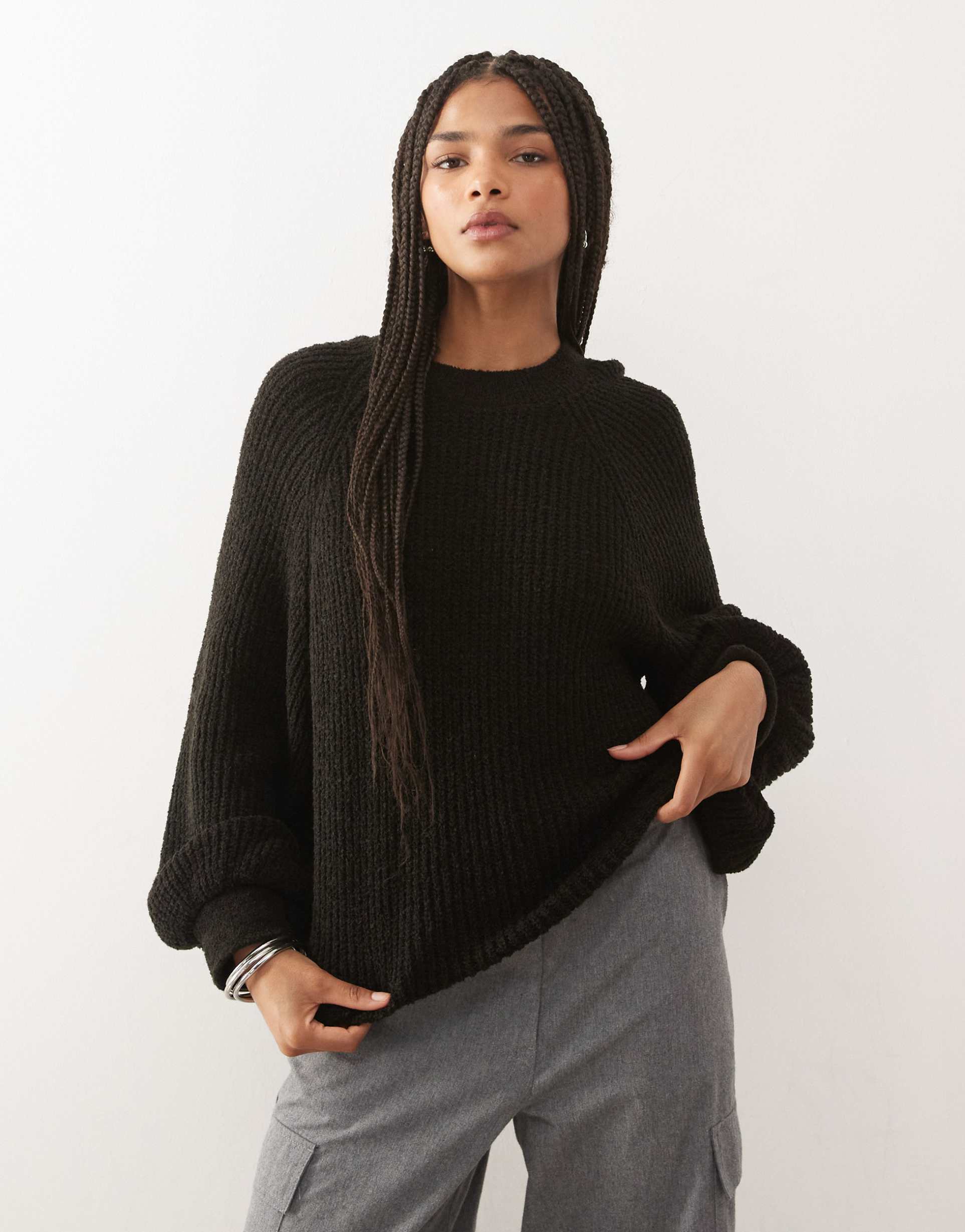 reclaimed vintage knit crew neck knit sweater with raglan balloon sleeves in black