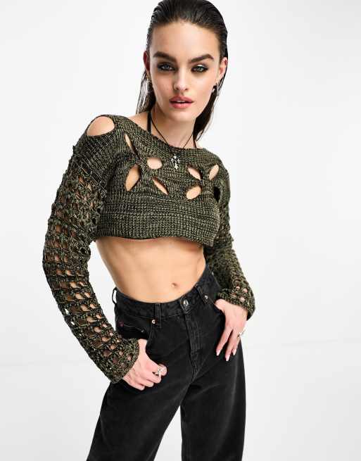 Cropped Long Sleeve Knit Sweater: Trendy Cross Tied Bolero For