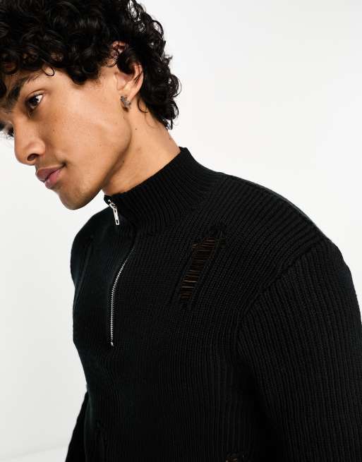 Reclaimed Vintage knit distressed zip up sweater in black ASOS