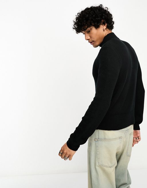 Reclaimed Vintage knit distressed zip up sweater in black | ASOS