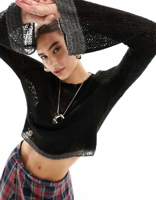 Reclaimed Vintage knit flute sleeve sweater with contrast gray detail