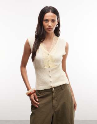 Reclaimed Vintage Knit Lace Trim Button Through Top In Yellow