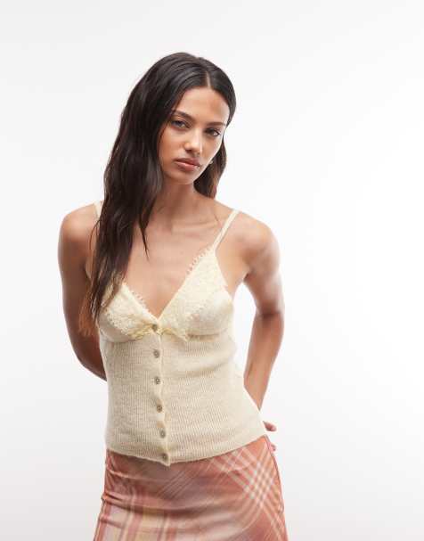Reclaimed Vintage knit lace trim cami top in butter yellow - view 1