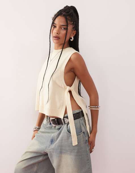 Reclaimed Vintage knit layering tank top with tie sides in butter yellow - view 1