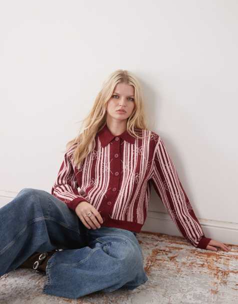 Reclaimed Vintage knit polo cardigan in pink and burgundy stripe with floral embroidered stitching - view 1