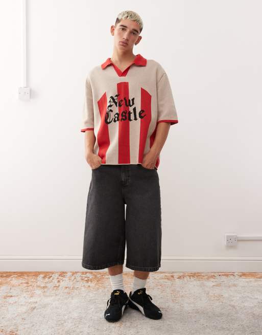 Reclaimed Vintage knit polo soccer shirt with graphic print in ecru and red stripe