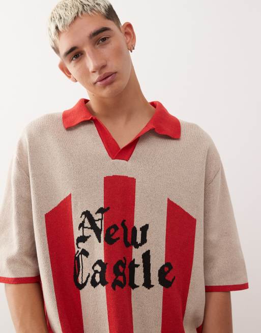 Reclaimed Vintage knit polo soccer shirt with graphic print in ecru and red stripe