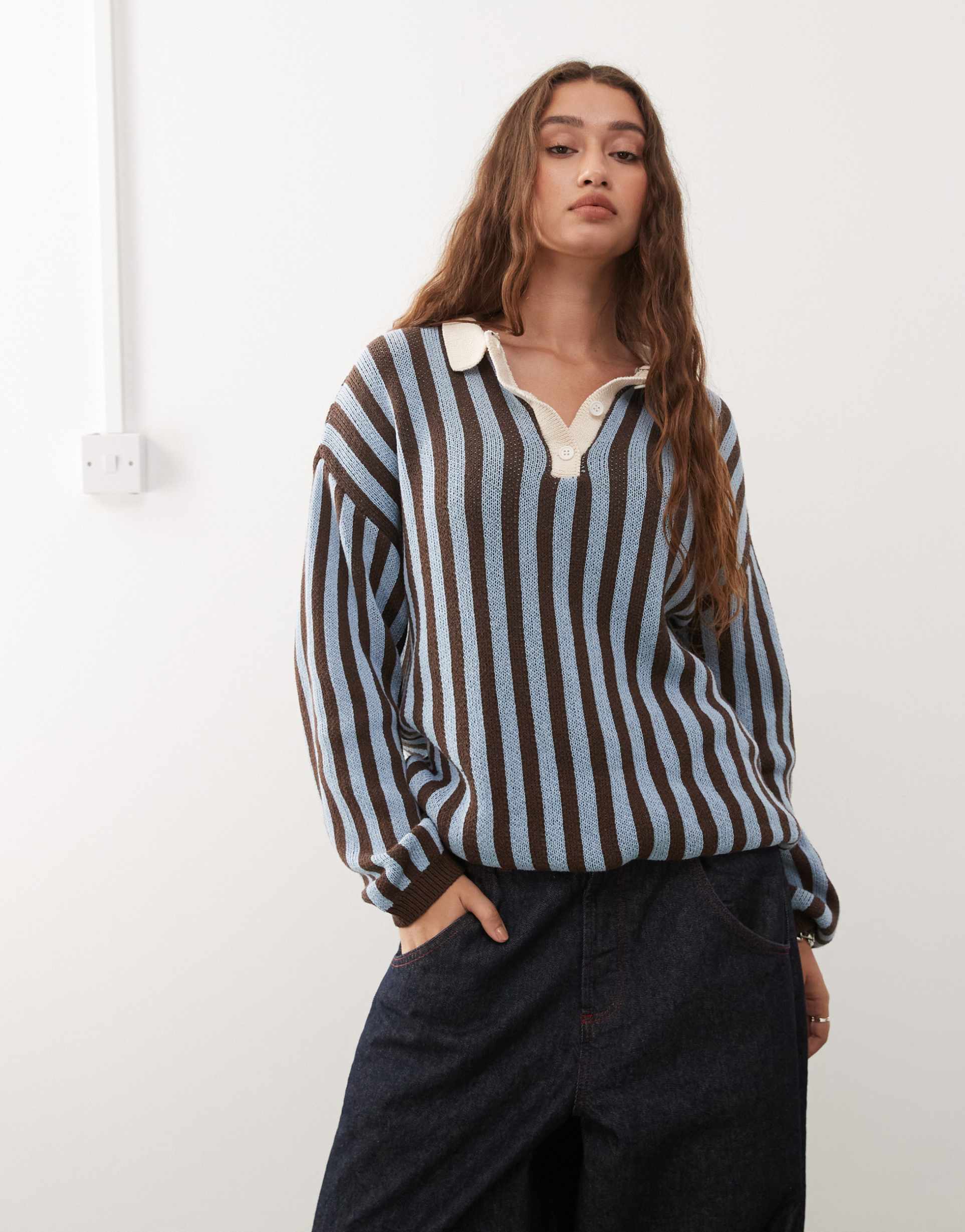 reclaimed vintage knit polo sweater in brown and blue stripe