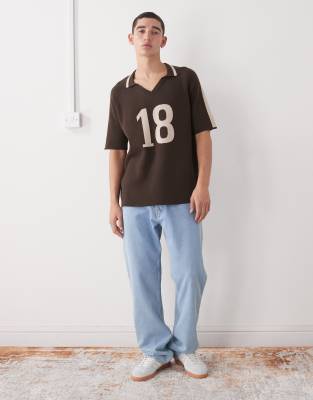 Reclaimed Vintage Knit Polo Top With Side Stripe In Brown