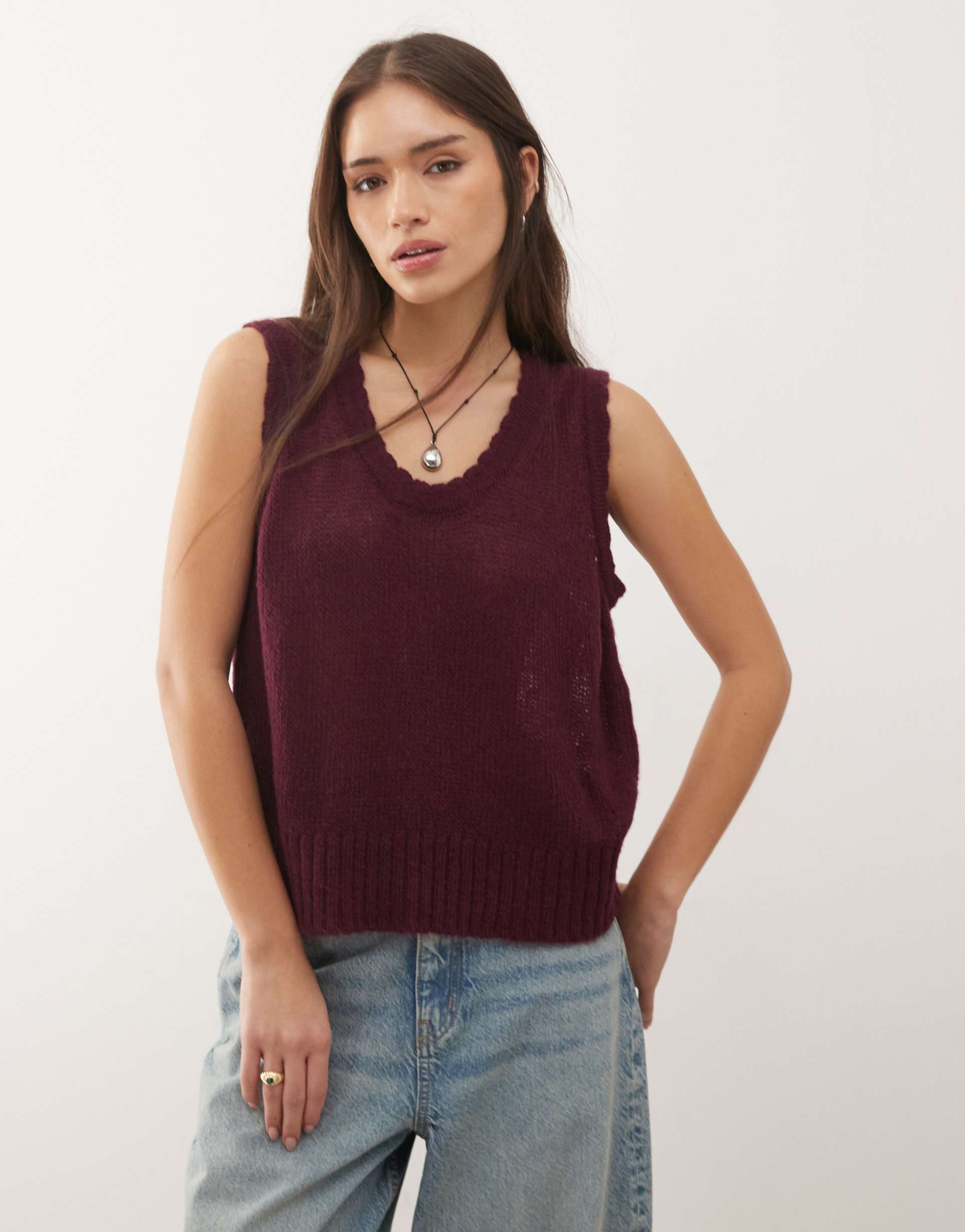 reclaimed vintage knit scoop neck tank top with scallop edge detailing in fig