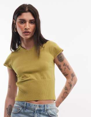 Reclaimed Vintage Knit Short Sleeve Fitted Top With Polo Collar Detail-green