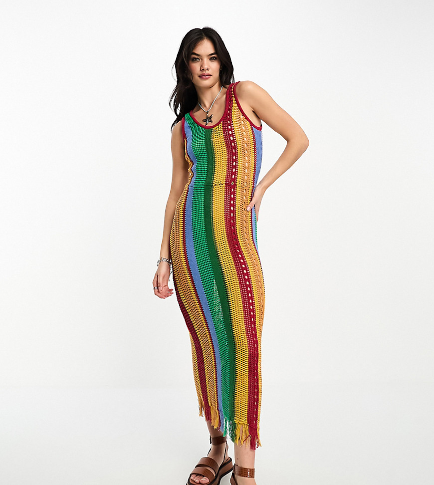 Reclaimed Vintage knit stripe dress with fringe hem-Multi