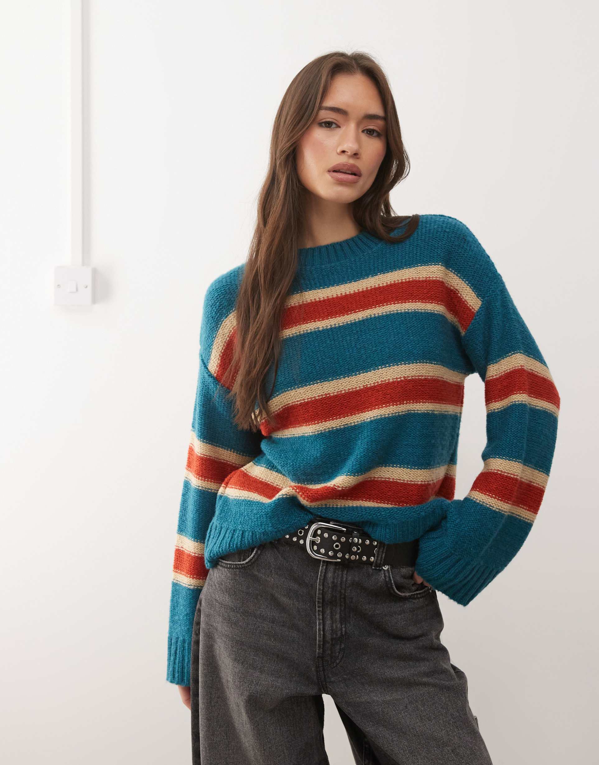reclaimed vintage knit sweater in green and red stripe