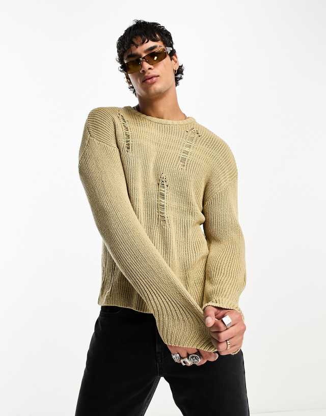 Reclaimed Vintage knit sweater with stitch detail and distressing in stone