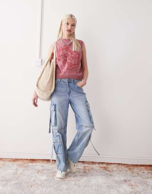 Reclaimed Vintage knit tank with fish print in pink