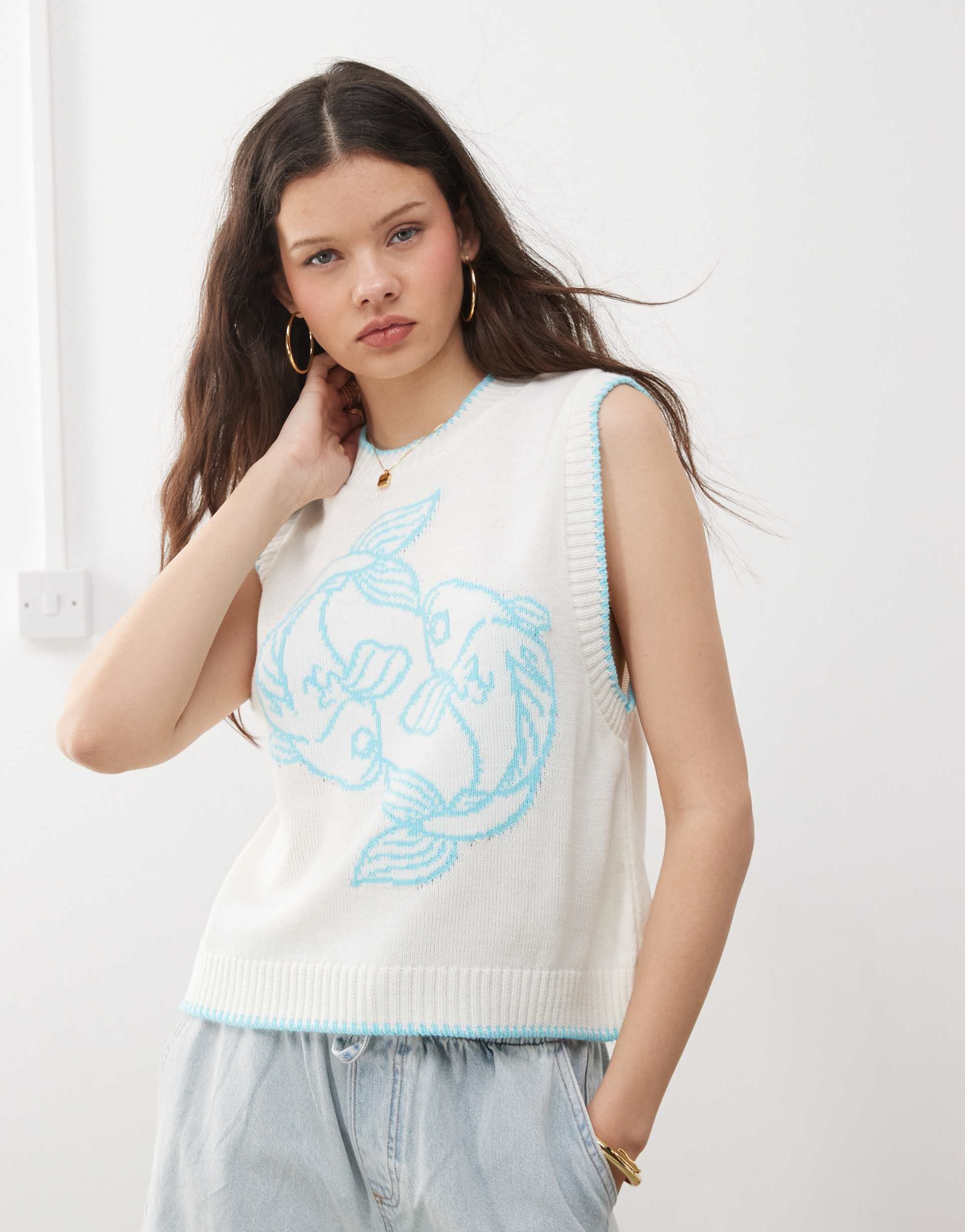 reclaimed vintage knit tank with fish print in white and aqua blue