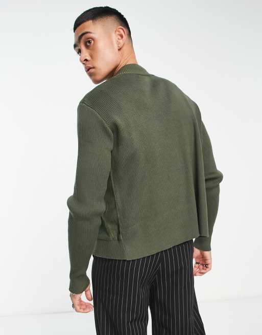 Reclaimed Vintage knit zip through suede mix sweater in khaki | ASOS