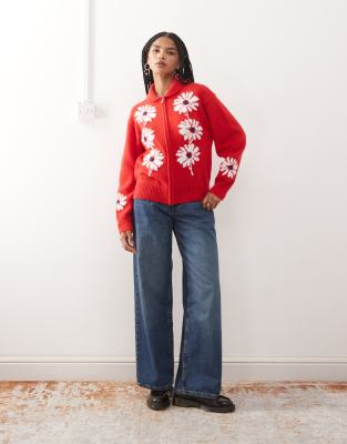 Reclaimed Vintage Knit Zip Up Cardigan With Flower Detail In Red