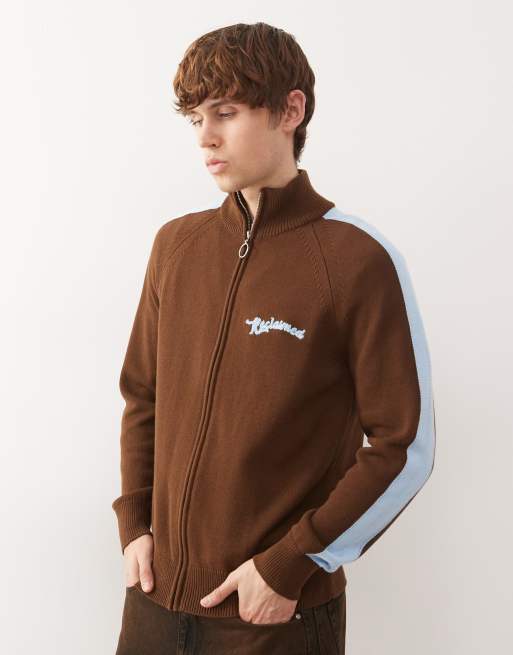 Reclaimed Vintage knit zip up track jacket in brown with contrast blue stripes