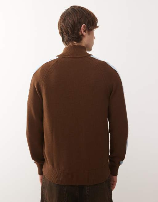 Reclaimed Vintage knit zip up track jacket in brown with contrast blue stripes, 3 of 5