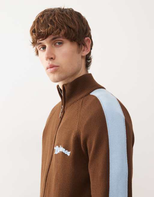 Reclaimed Vintage knit zip up track jacket in brown with contrast blue stripes, 4 of 5
