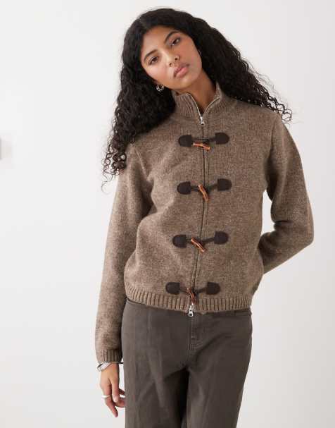 Reclaimed Vintage knit zip up with high neck and toggles in brown - view 1