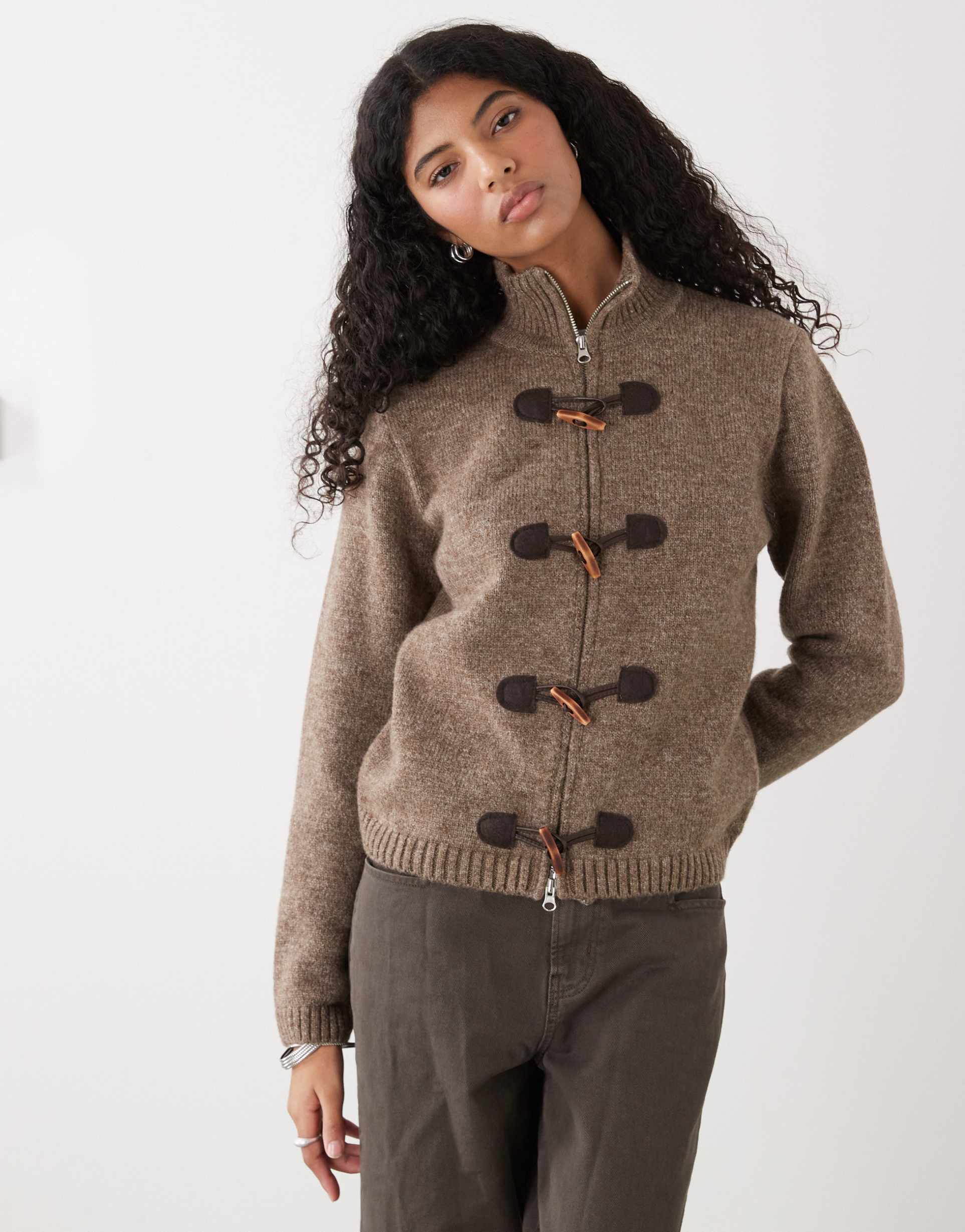 reclaimed vintage knit zip up with high neck and toggles in brown