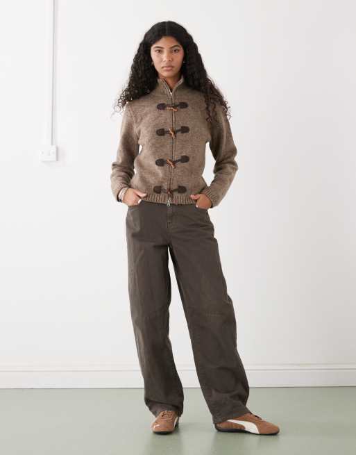 Reclaimed Vintage knit zip up with high neck and toggles in brown