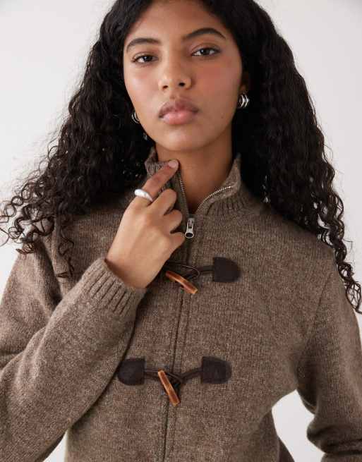 Reclaimed Vintage knit zip up with high neck and toggles in brown