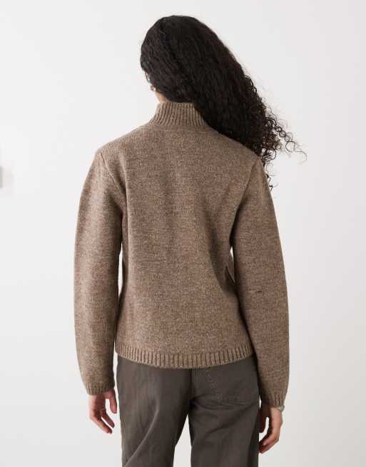 Reclaimed Vintage knit zip up with high neck and toggles in brown