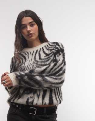 Reclaimed Vintage Knitted Balloon Sleeve Brushed Sweater In Animal Print