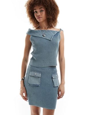 Reclaimed Vintage Knitted Bardot Top In Acid Wash In Blue - Part Of A Set-neutral