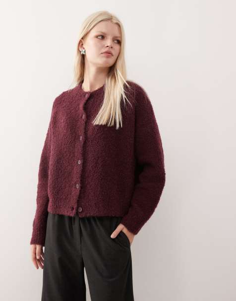 Reclaimed Vintage knitted boucle boxy cardigan in deep plum - view 1