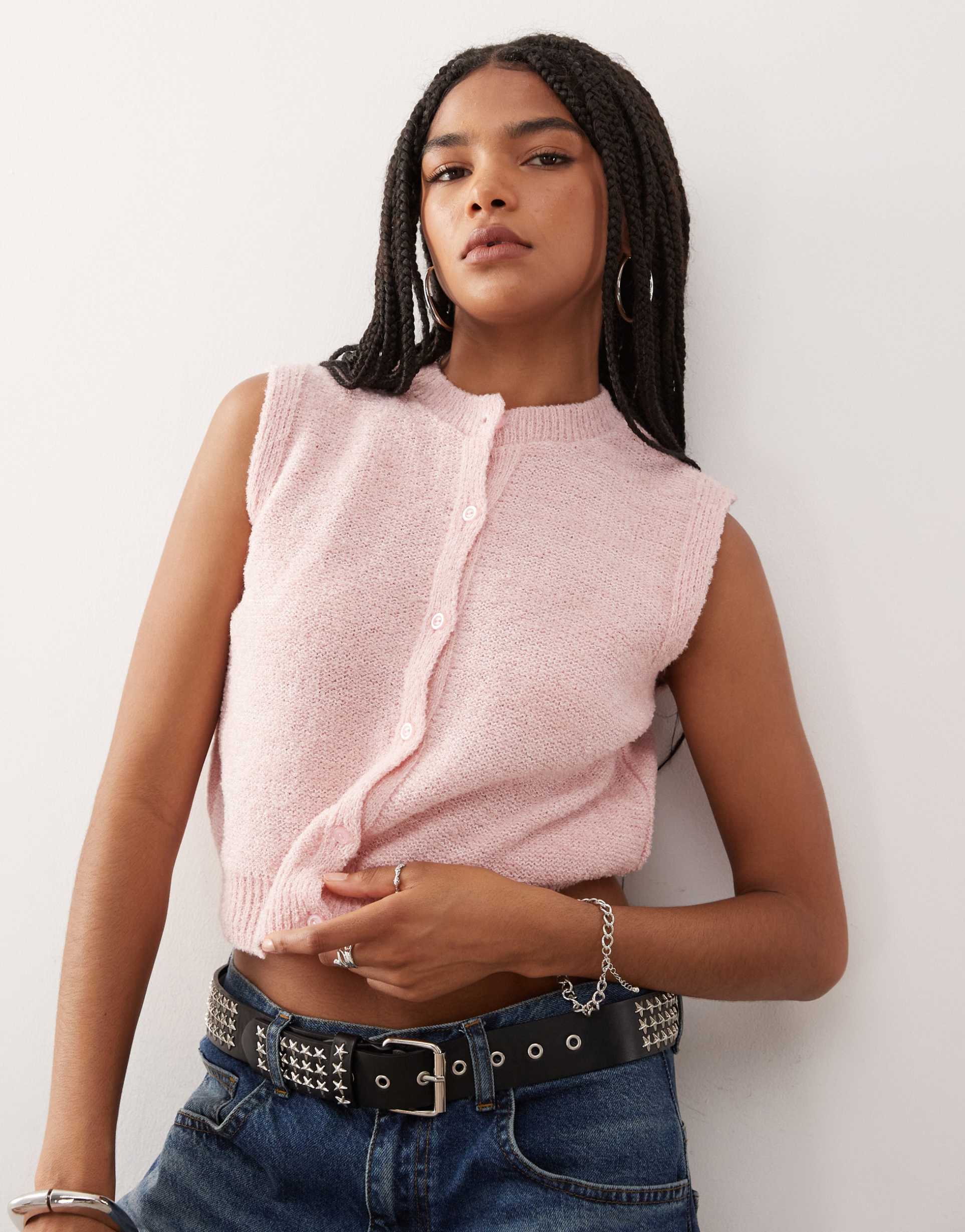 reclaimed vintage knitted button up tank in pink