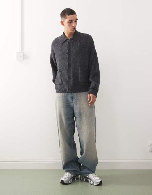 Reclaimed Vintage knitted collared cardigan in charcoal, 2 of 5