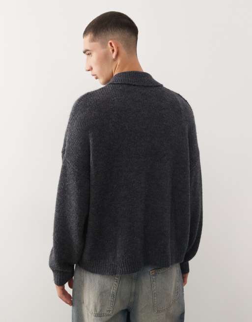 Reclaimed Vintage knitted collared cardigan in charcoal, 3 of 5