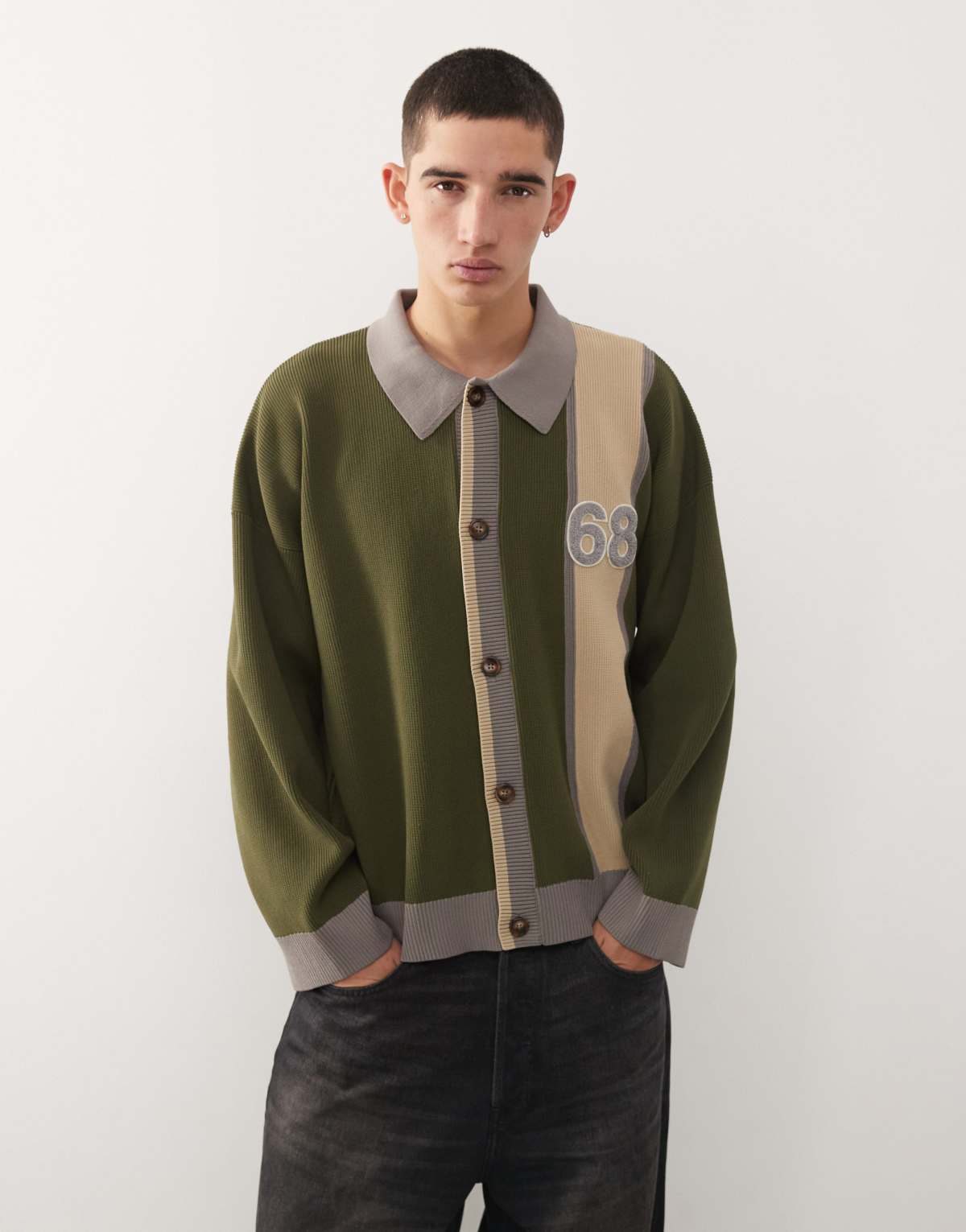 Reclaimed Vintage knitted collared cardigan with collegiate detailing in forest green