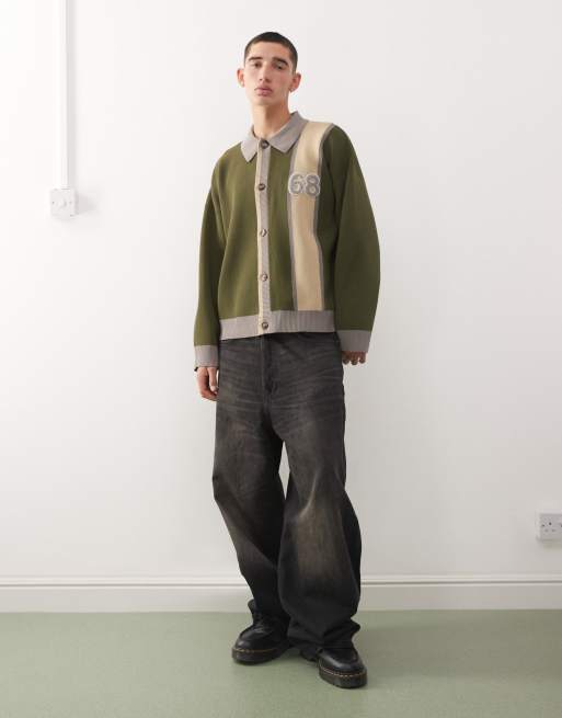 Reclaimed Vintage knitted collared cardigan with collegiate detailing in forest green , 2 of 5