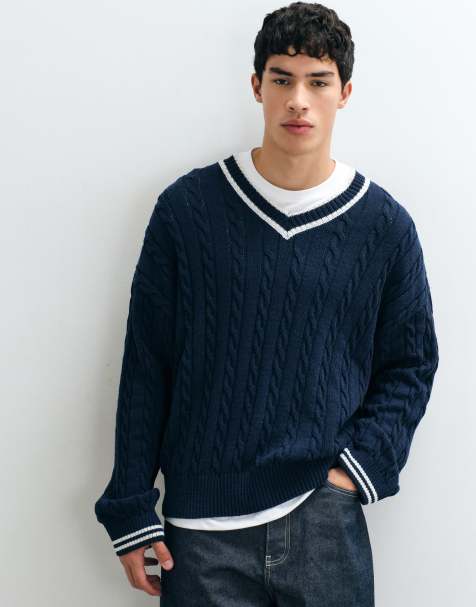Reclaimed Vintage knitted cotton blend v neck jumper in navy - view 1