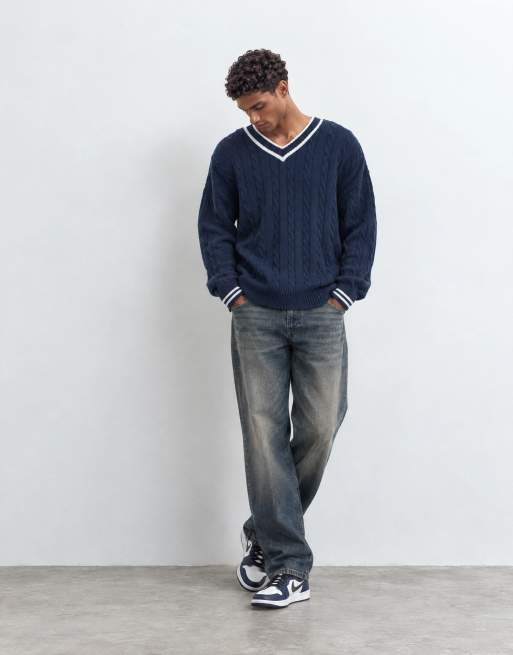 Reclaimed Vintage knitted cotton blend v neck jumper in navy, 10 of 10