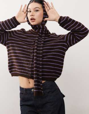 Reclaimed Vintage Reclaimed Vintage knitted crew neck cardigan with scarf in chocolate stripe-Multi