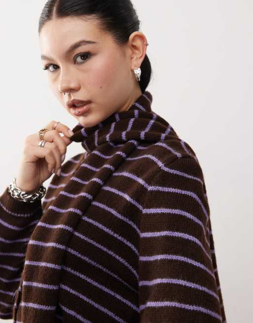 Reclaimed Vintage knitted crew neck cardigan with scarf in chocolate stripe, 2 of 4